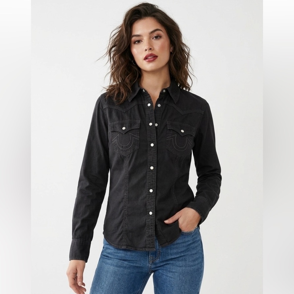 True Religion Western Black Button Down Top Size Medium Boho Streetwear